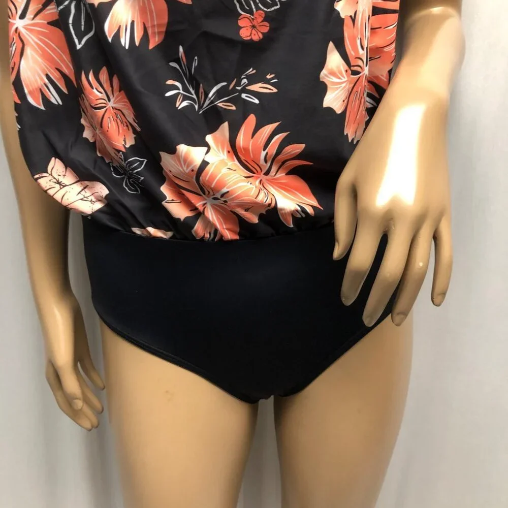 Daci Black Floral One-Piece Swimsuit Womens Size Small Removable Strap NEW